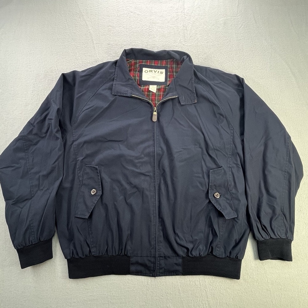 Orvis Harrington Bomber Jacket Men's Size XL Navy Blue Plaid Lined Full Zip Golf